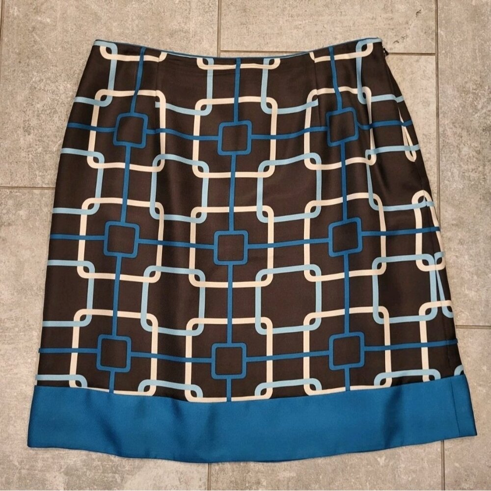 Talbots Brown Aqua Retro Geometric Print 100% Silk Lined Pencil Skirt Sz 10p